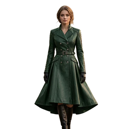 Women's green leather trench coat front view with belted waist