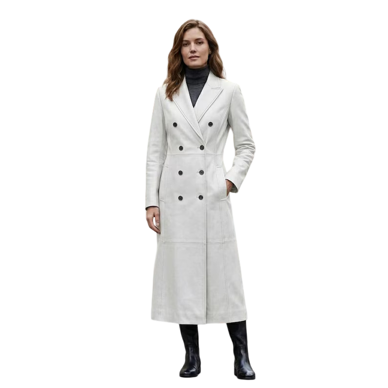 Women's white leather trench coat front view with double breasted design