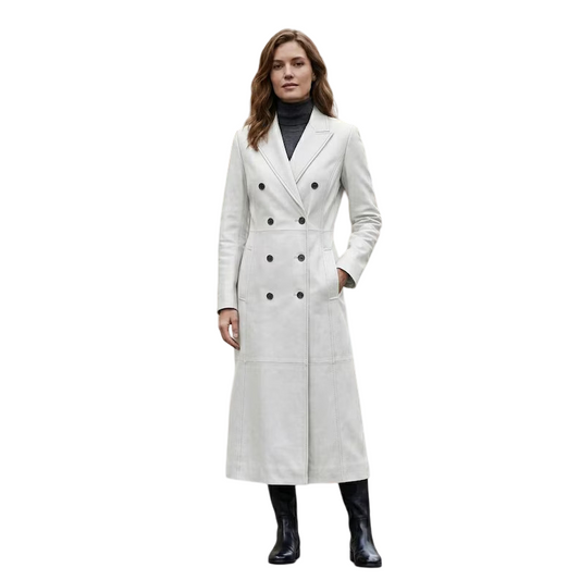 Women's white leather trench coat front view with double breasted design