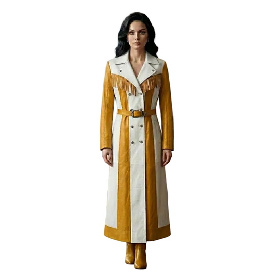 Front view of women's yellow white leather fringe trench coat