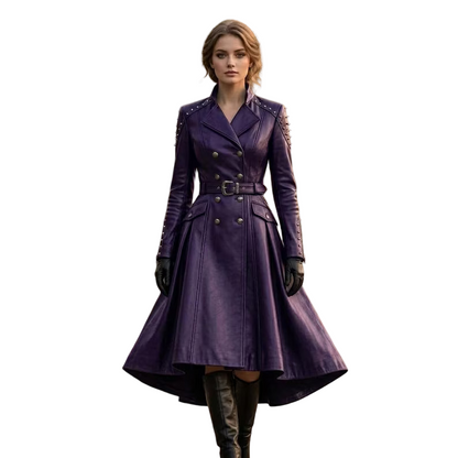 Front view of women's purple leather trench coat with belted waist