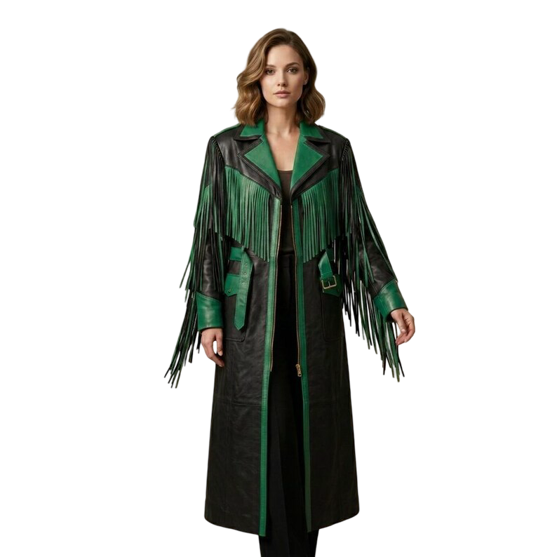 Women's black green leather fringe coat front view with western cowboy styling