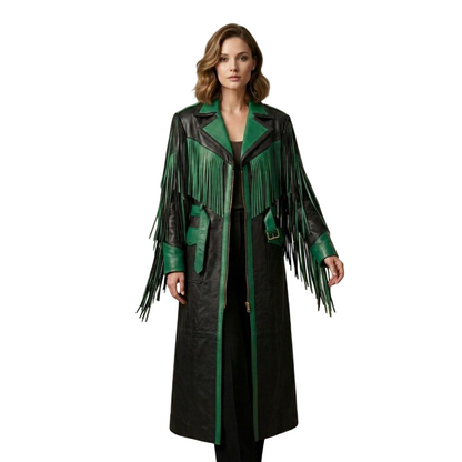 Women's black green leather fringe coat front view with western cowboy styling
