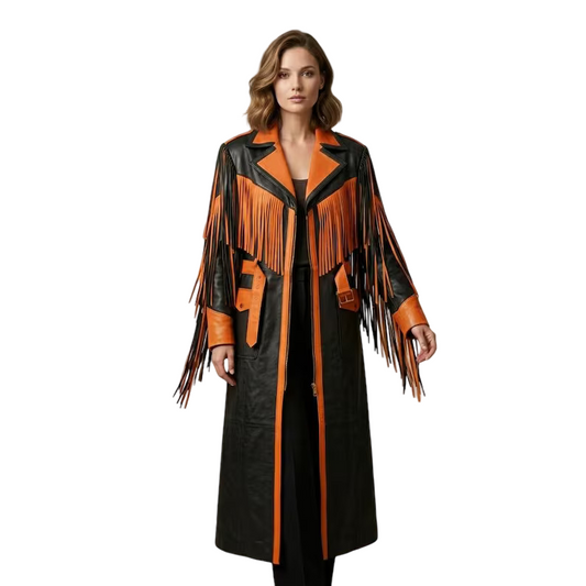 Women's black orange fringe leather cowboy coat front view