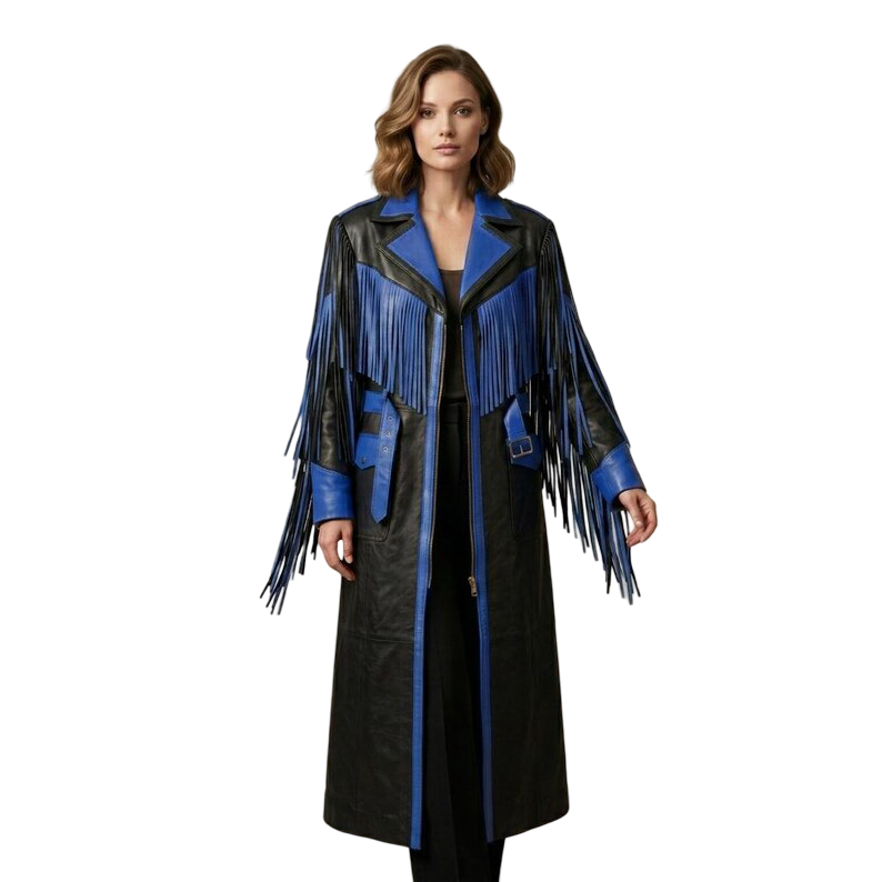 Women's black blue leather fringe coat front view with western styling