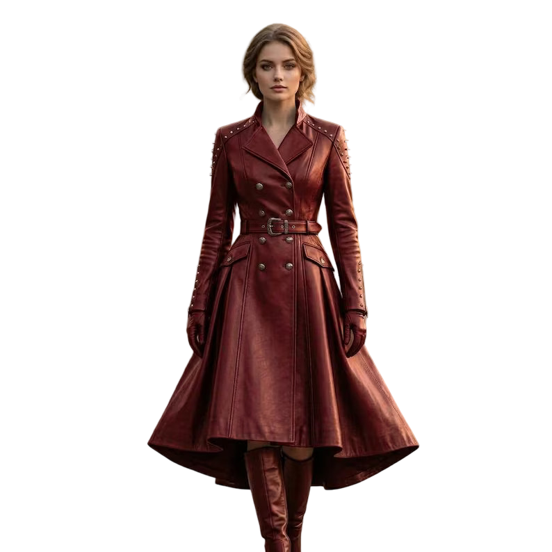 Women's red leather trench coat front view with belted waist