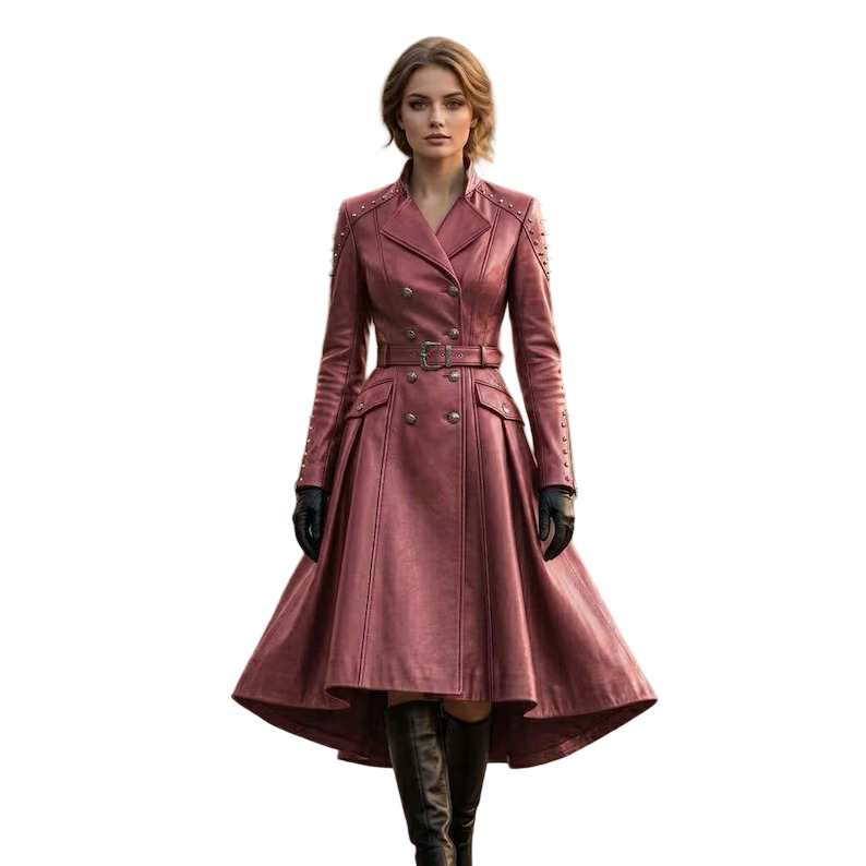 Women's pink leather flare trench coat front view