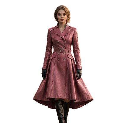 Women's pink leather flare trench coat front view