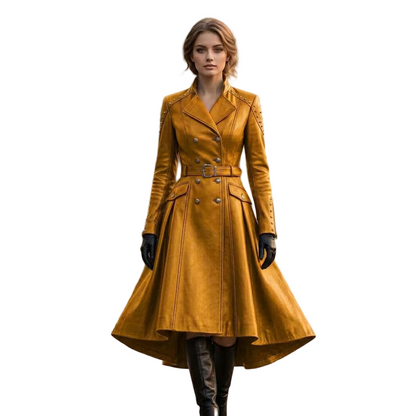 Women's yellow leather trench coat front view with belted waist