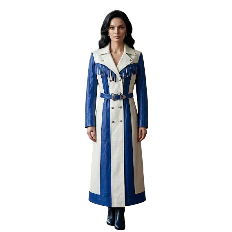 Women's Blue White Leather Fringe Trench Coat Western Cowgirl Duster