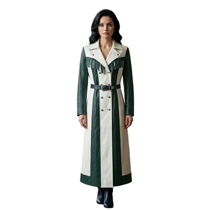 Women's green and white leather fringe trench coat front view