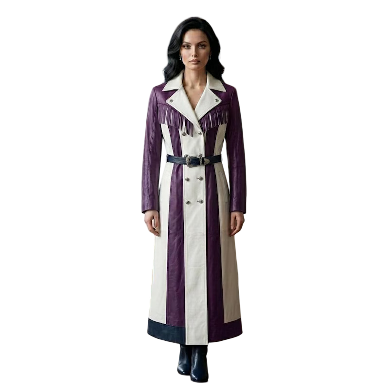Women's purple and white leather fringe trench coat front view