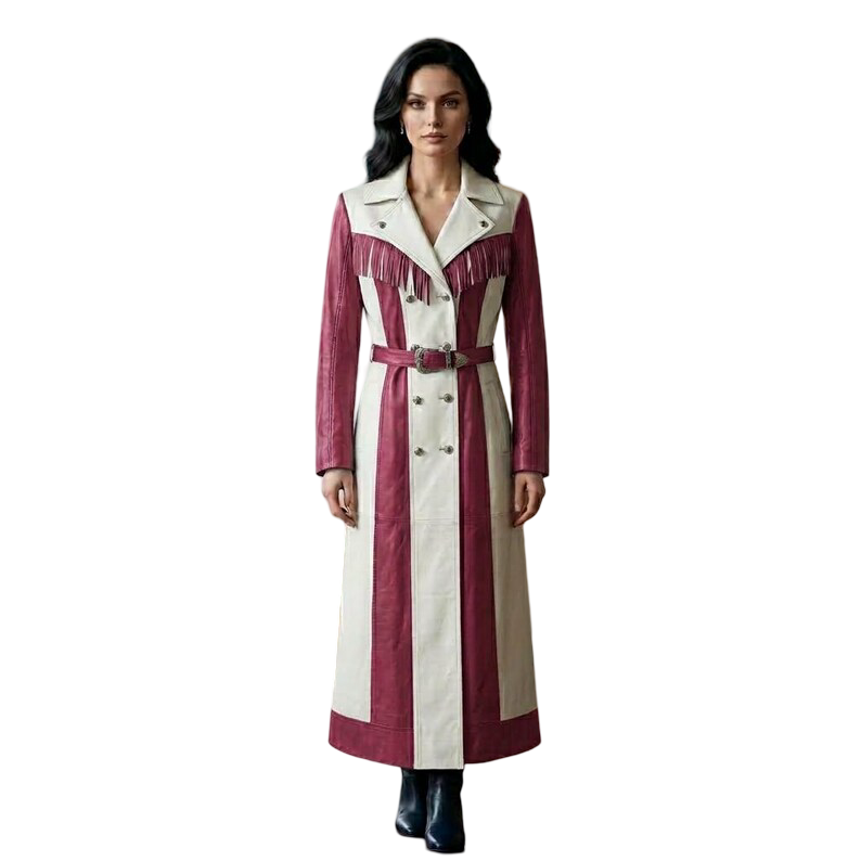 Women's pink white fringe leather trench coat front view with western styling