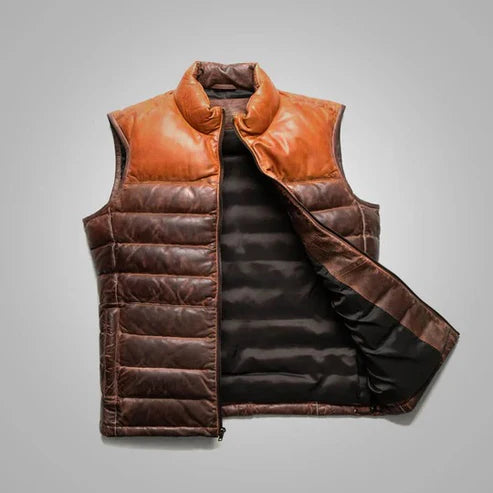 Men’s Brown Bubble Leather Down Vest