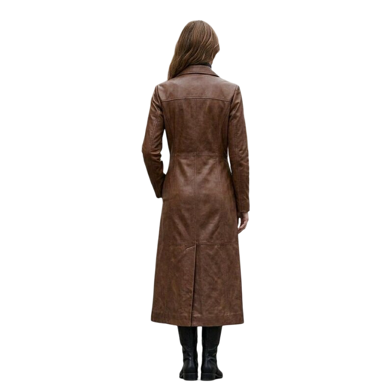 Back view of genuine brown leather overcoat