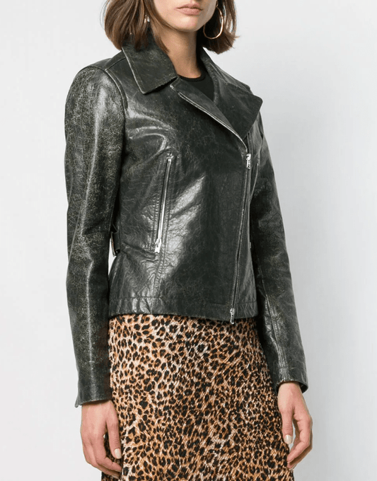 Vintage Khaki Leather Outerwear for Women
