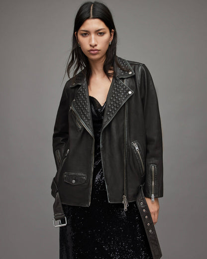 Women’s Black Biker Jacket With Belt