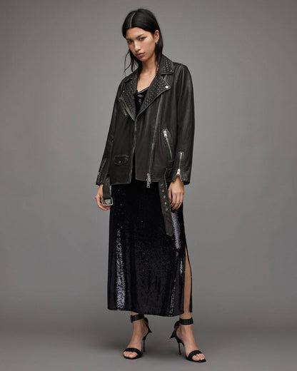 Women’s Black Biker Jacket With Belt
