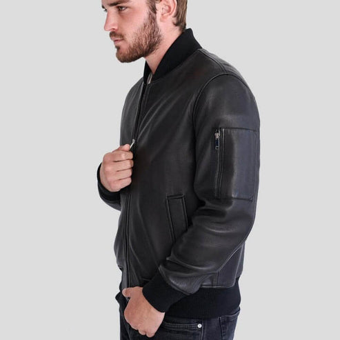 Clark Black Lambskin Leather Bomber Jacket – Premium Quality, Stylish & Comfortable