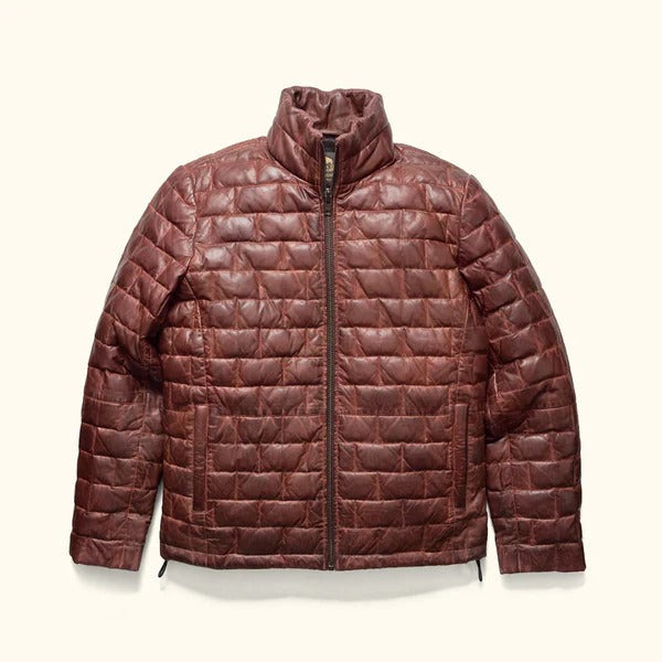Brown Leather Puffer Jacket for Men
