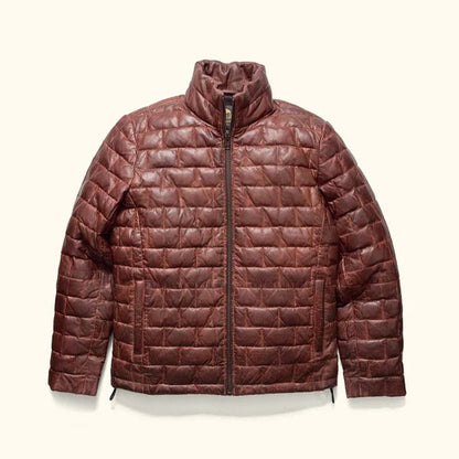 Brown Leather Puffer Jacket for Men