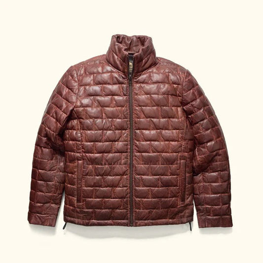 Brown Leather Puffer Jacket for Men