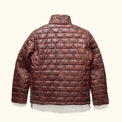 Brown Leather Puffer Jacket for Men