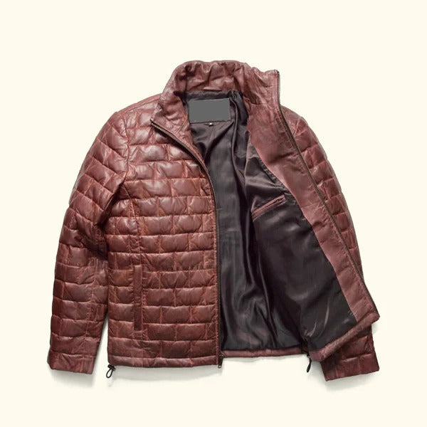 Brown Leather Puffer Jacket for Men