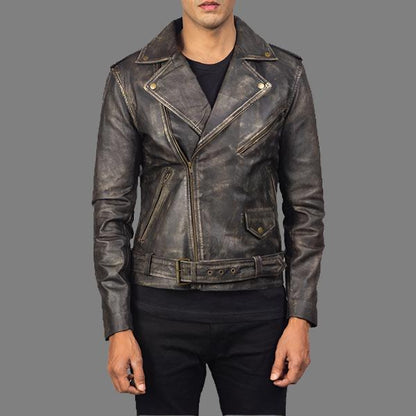 Distressed Brown Leather Biker Jacket