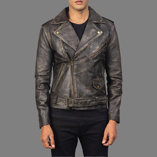 Distressed Brown Leather Biker Jacket