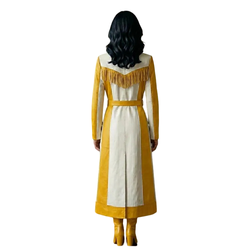 Back view of women's yellow white leather fringe trench coat with western duster design