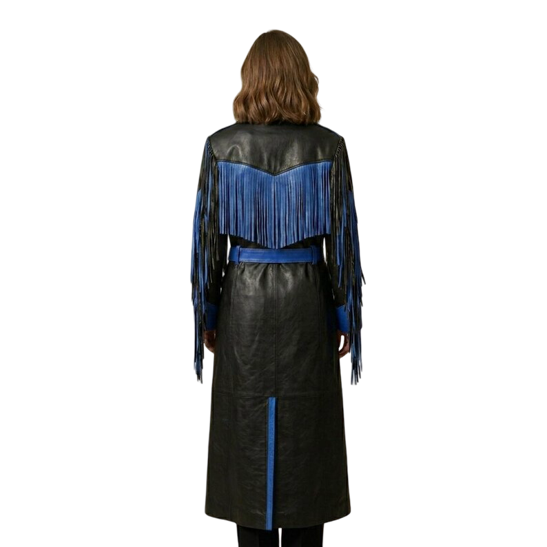 Back view of long black blue boho leather coat with fringe