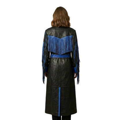 Back view of long black blue boho leather coat with fringe
