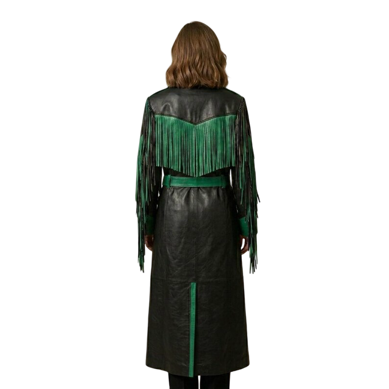 Back view of black green leather fringe coat for women