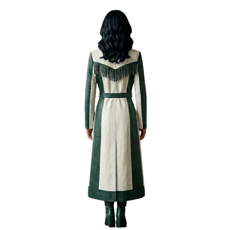 Back view of women's western fringe leather coat