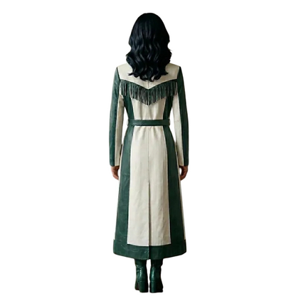 Back view of women's western fringe leather coat