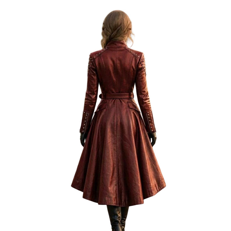 Back view of women's red leather trench coat
