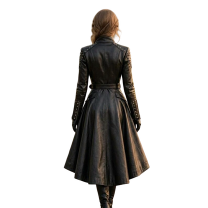 Back view of women's black leather trench coat