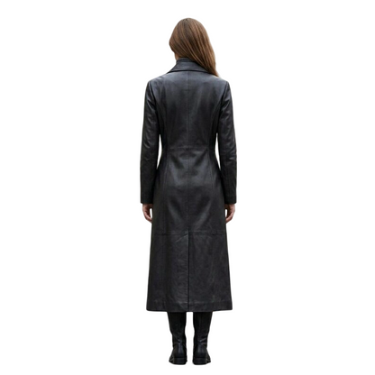 Back view of women's black leather trench coat with long elegant silhouette