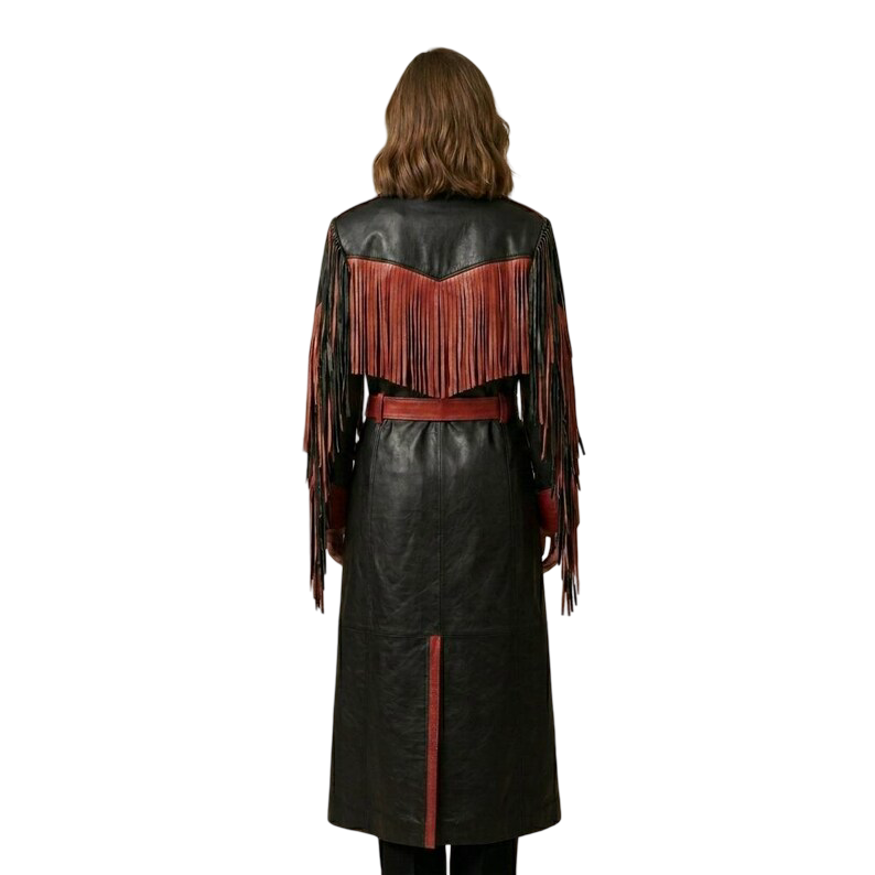 Back view of western boho black red leather fringe coat