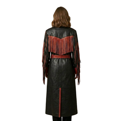 Back view of western boho black red leather fringe coat