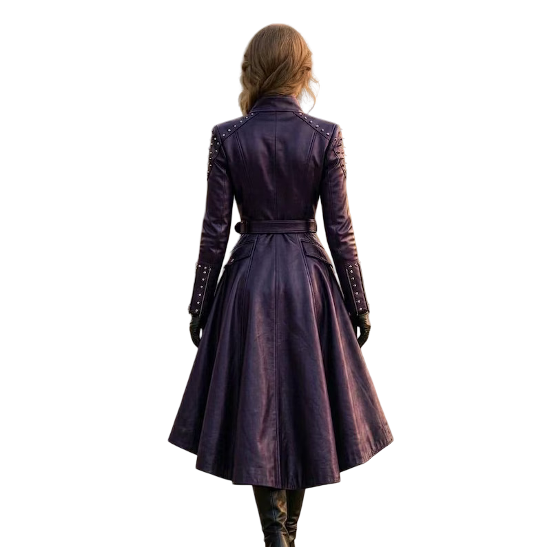 Back view of women's purple leather trench coat