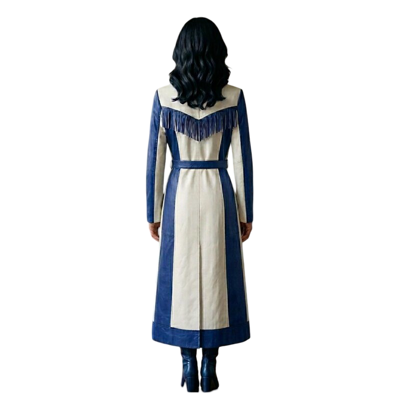 Women's Blue White Leather Fringe Trench Coat Western Cowgirl Duster