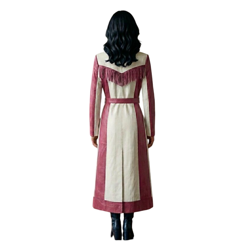 Back view of western fringe leather coat showcasing long duster silhouette