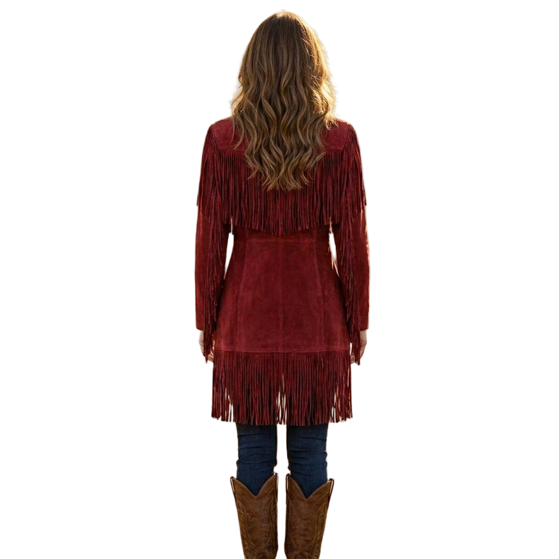 Back view of women's red western cowgirl coat