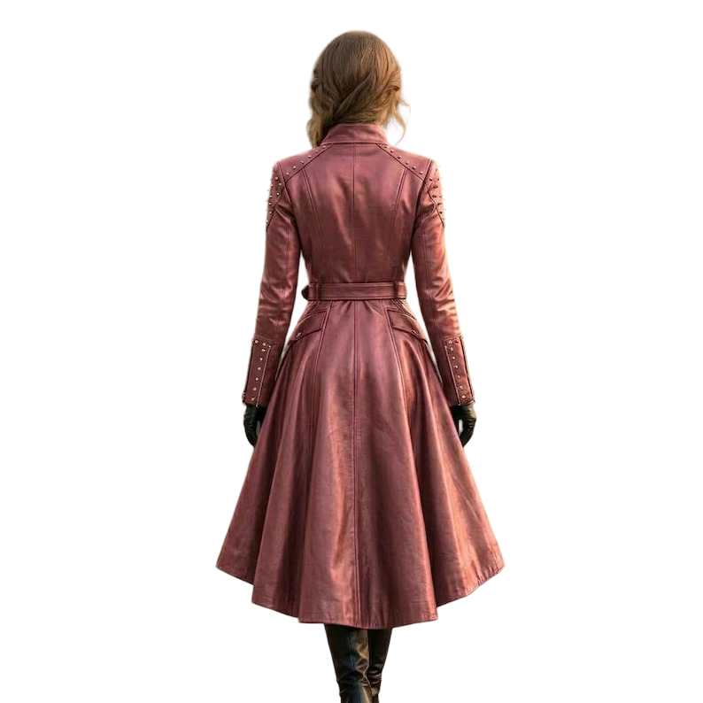 Back view of women's pink flare leather trench coat