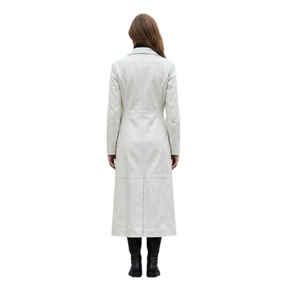 Back view of women's white leather trench coat with elegant long overcoat design