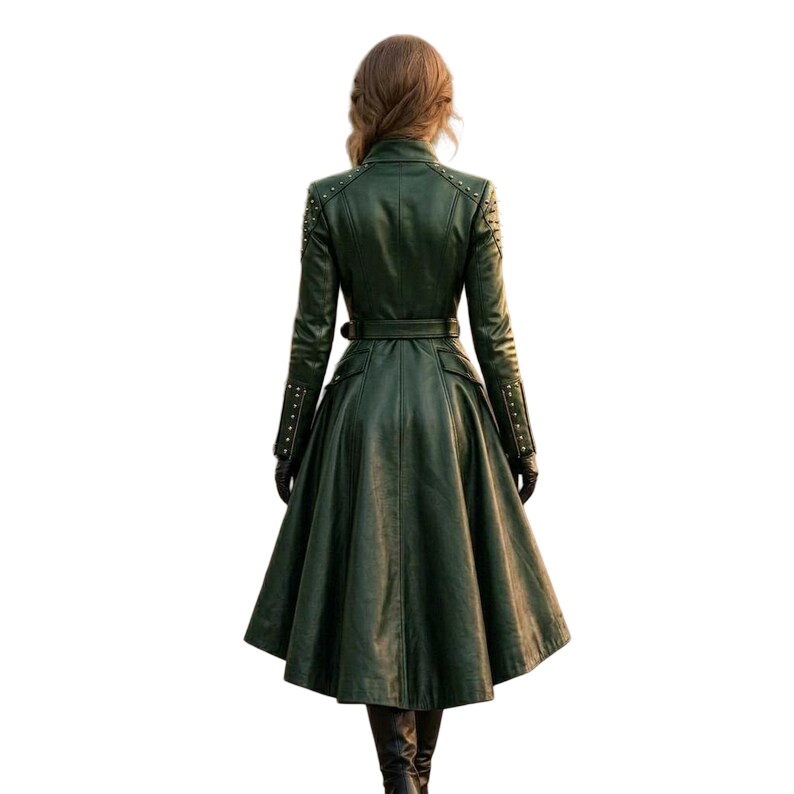 Back view of women's belted green leather trench