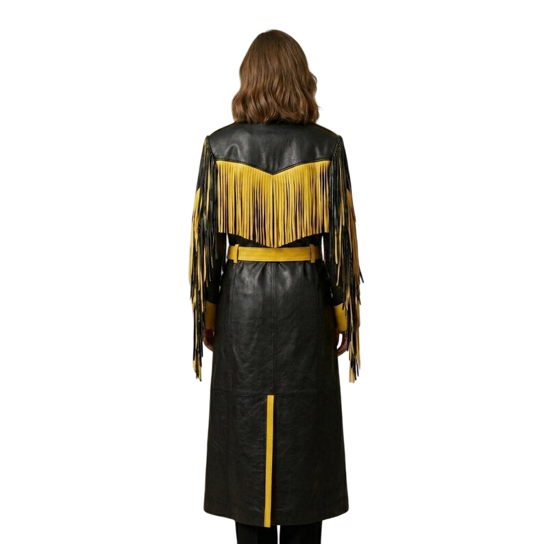 Back view of fashion fringe leather coat showcasing flowing fringe movement