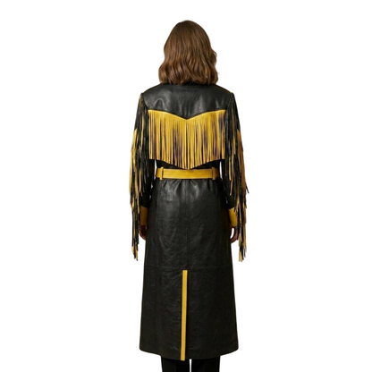 Back view of fashion fringe leather coat showcasing flowing fringe movement